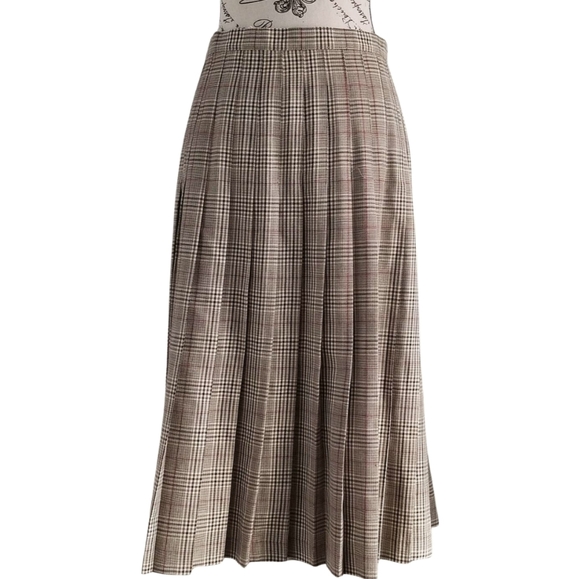 🇨🇦 Vintage 90s Pleated Plaid Tartan Beige midi skirt - Picture 2 of 6